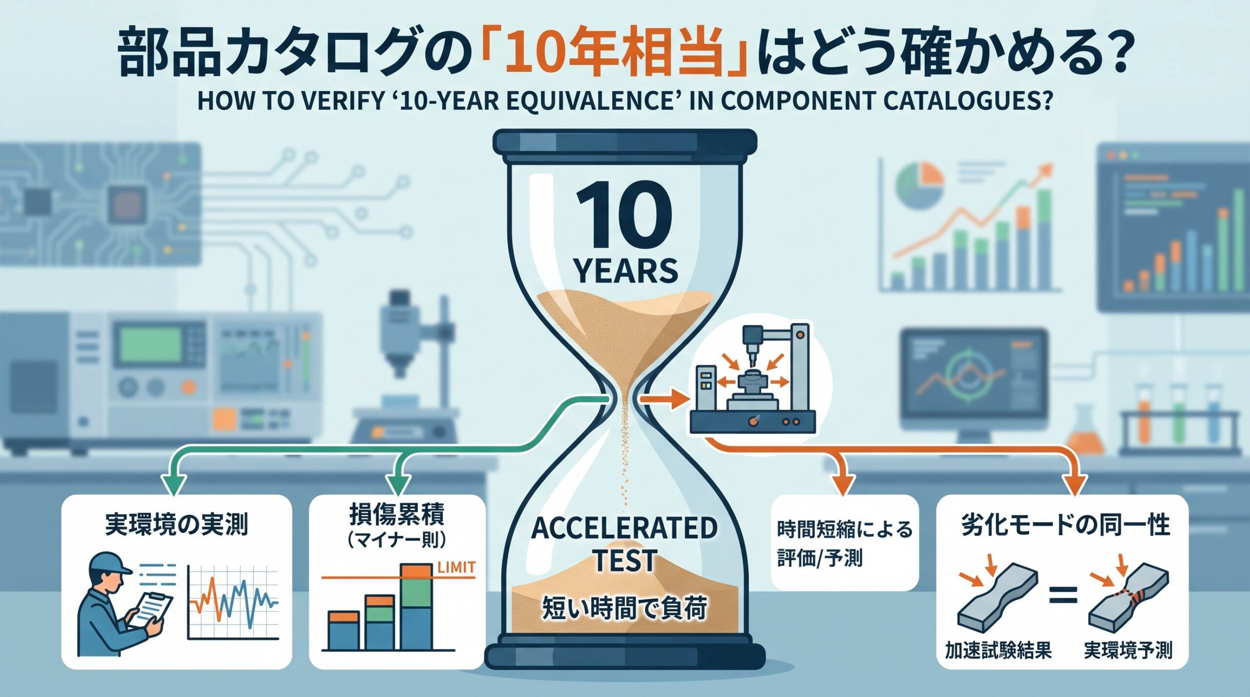 時間の経過を象徴するモチーフ（砂時計や暦の並び）を抽象的に圧縮したイメージ。特定の製品や業種を描かず、「長い時間を短く畳む」という記事の主題を先取りする構図。