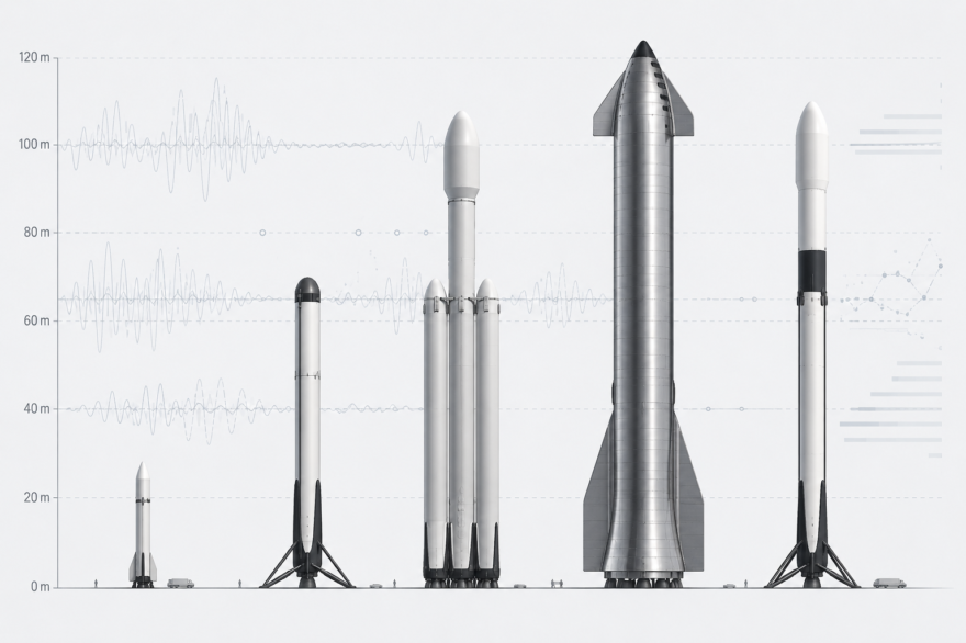 3種のロケット（大型液体・個体ブースター付き・小型液体）の打ち上げイメージの横に、それぞれ異なる波形グラフを対応させた図。「同じ衛生でもロケットが変われば試験条件が変わる」という概念を直感的に示す。